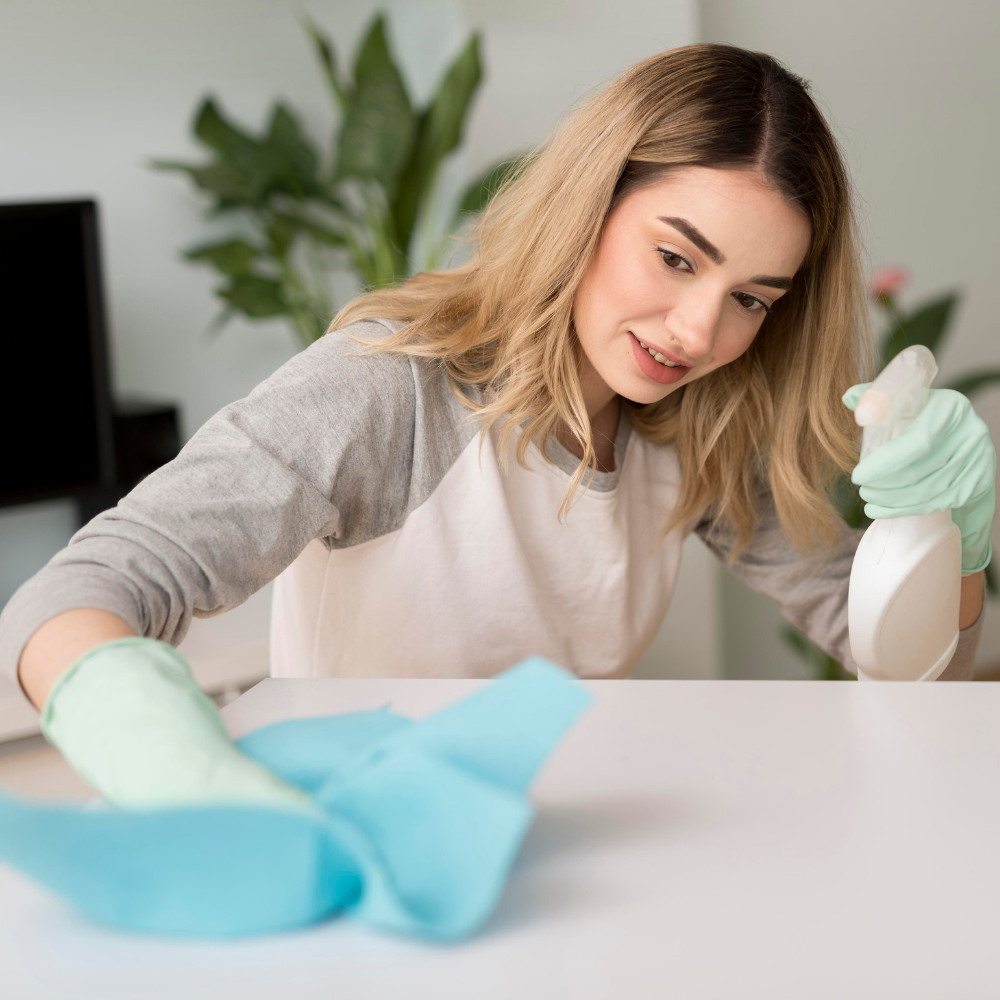 Woman cleaning a table with cloth and cleaning spray.