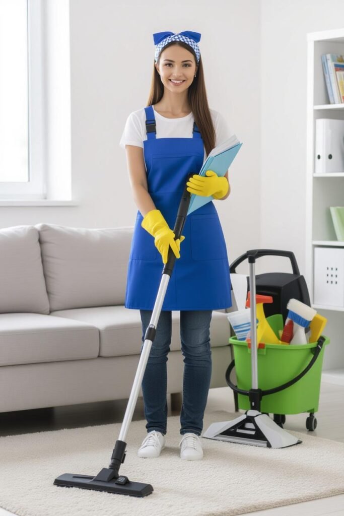 Cleaning staff wiping down kitchen counters in a tidy apartment.