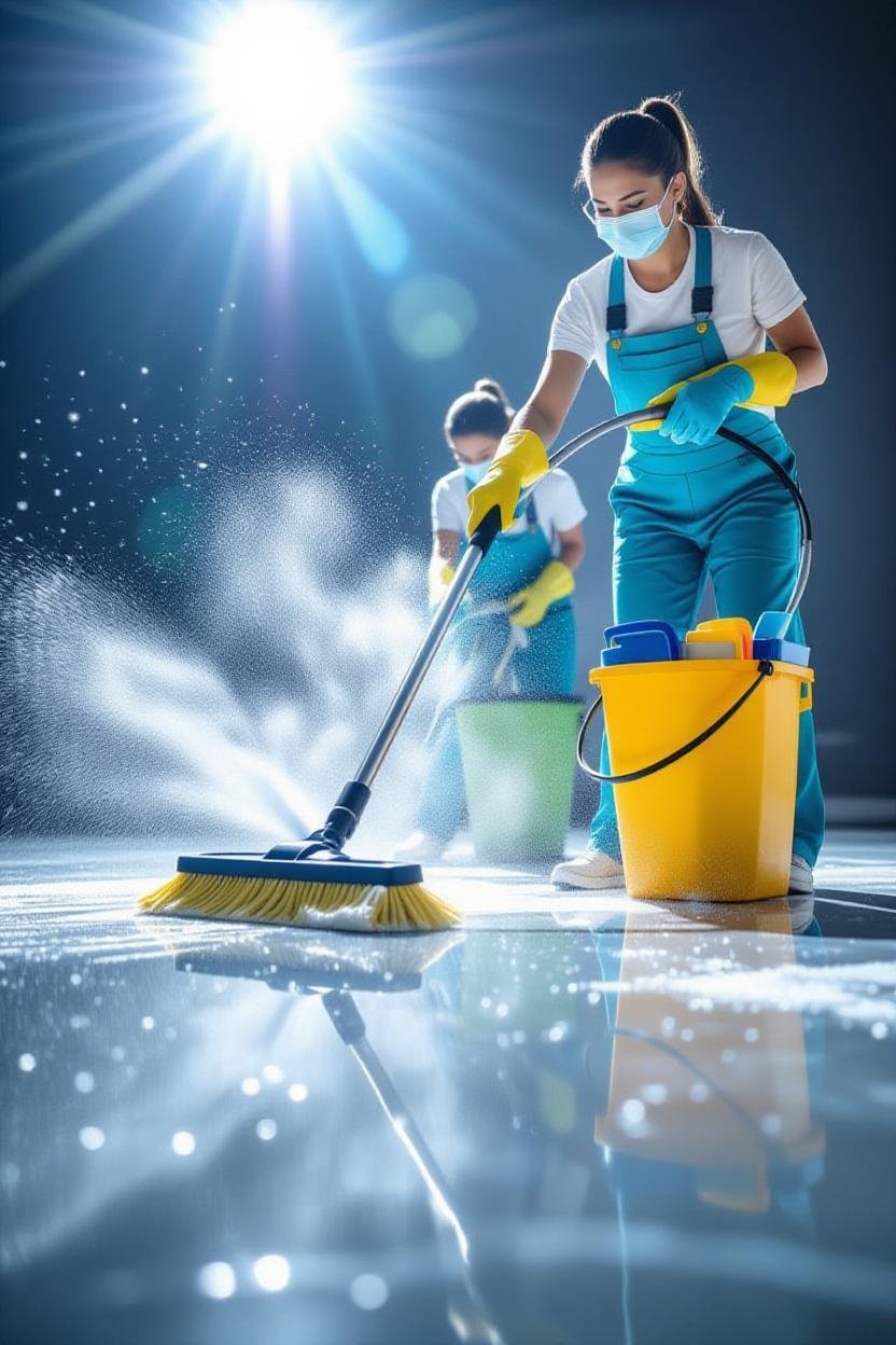 Man cleaning ground surface with cleaning spray for Happy Cleaning services