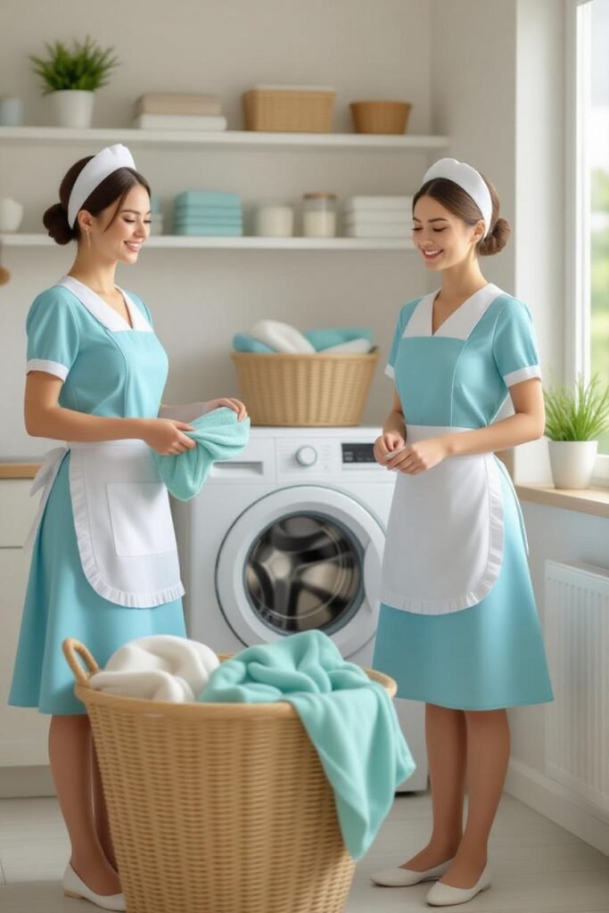 Professional laundry cleaning service with neatly folded clothes and modern washing machine