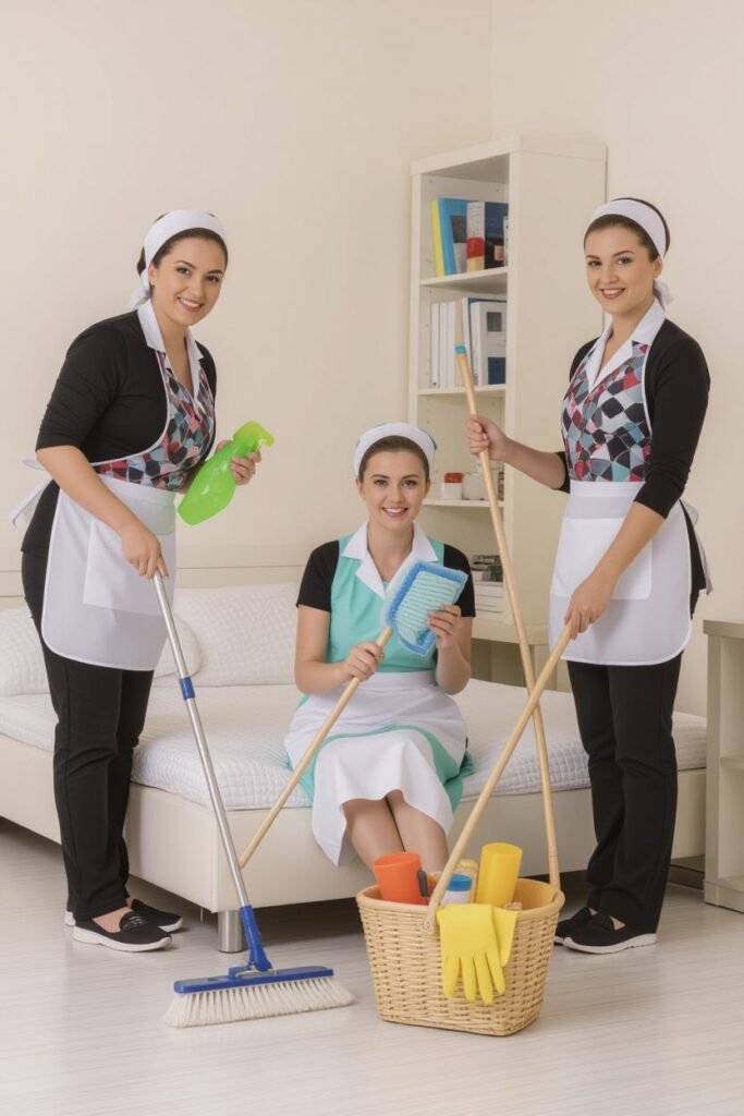 Room cleaning service with staff dusting, vacuuming, and sanitizing to maintain a fresh and tidy environment"