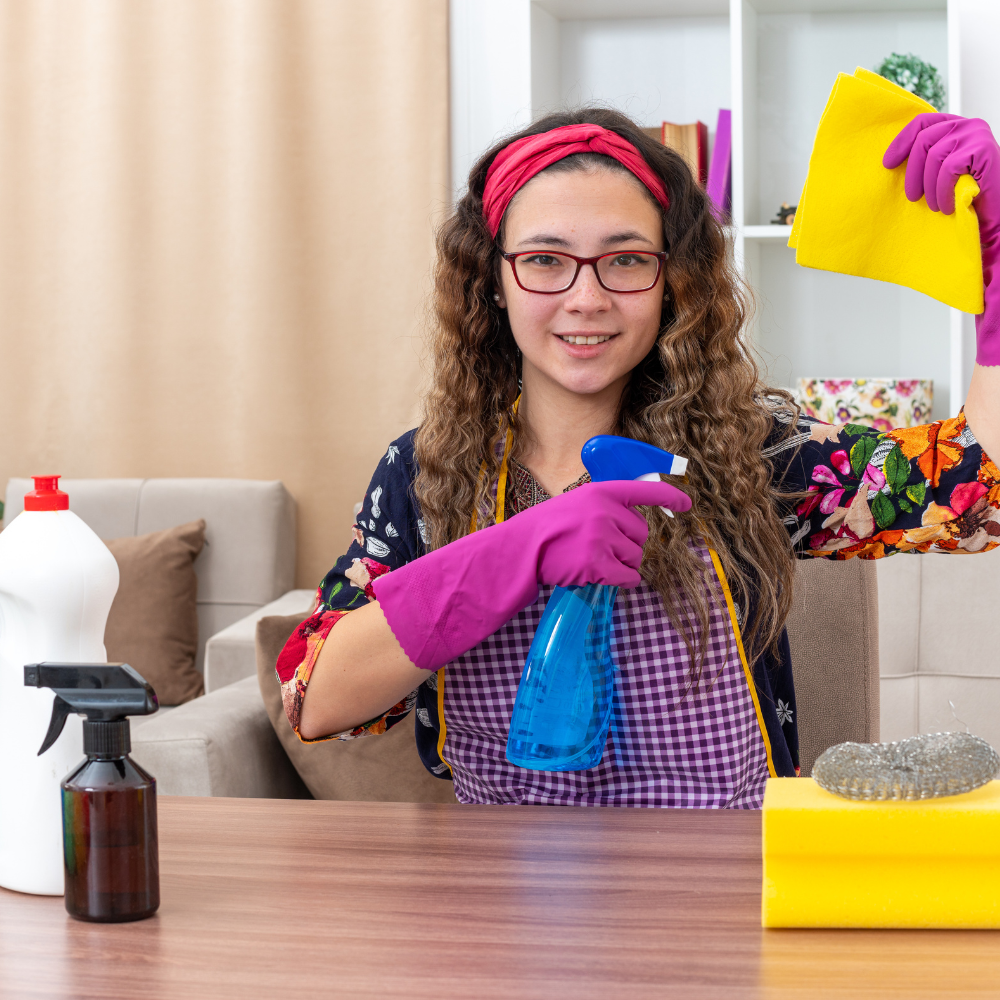 Woman cleaning a house interior with cleaning supplies.