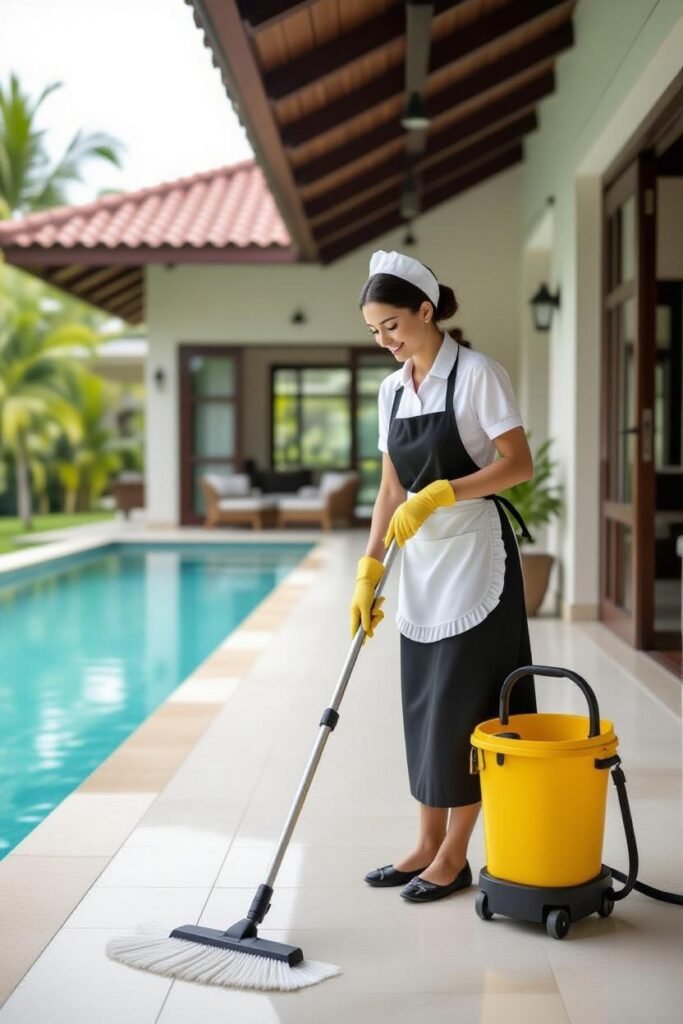 Woman cleaning villa floor with cleaning tools