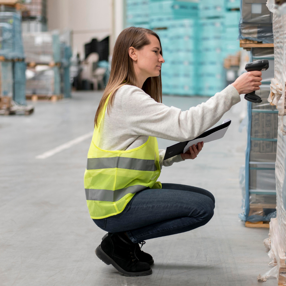 Worker cleaning and organizing a warehouse floor.