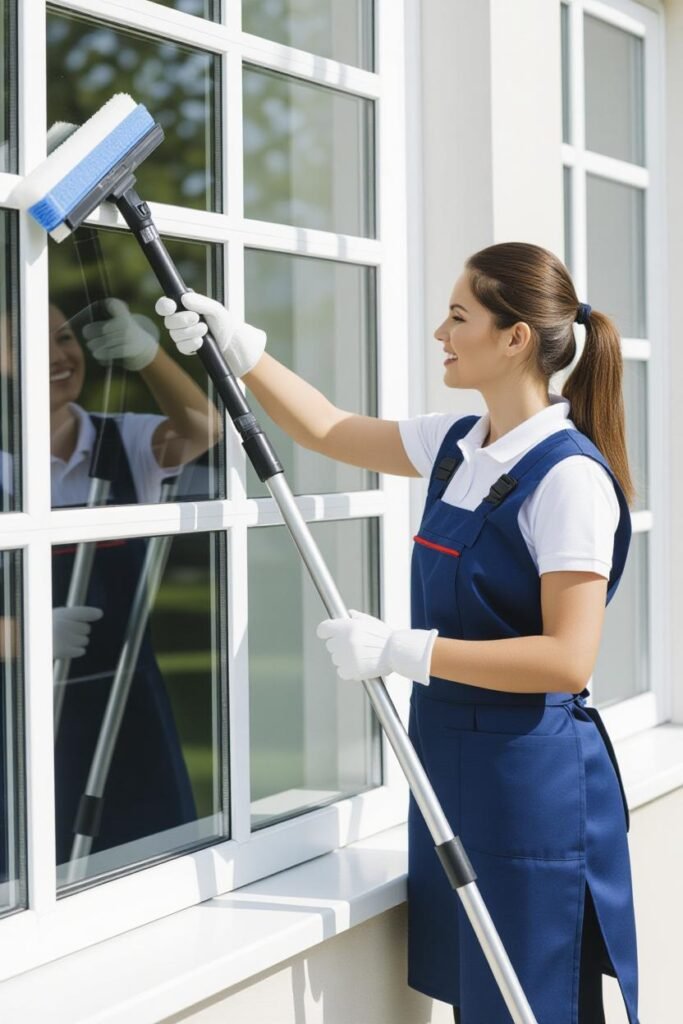 Professional cleaner wiping glass windows with a squeegee.